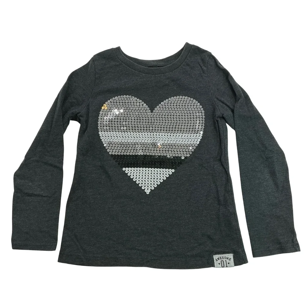 Carter's Gray Sequin Heart Long Sleeve Shirt Kids Size 6 Awesome 01 Graphic Tee